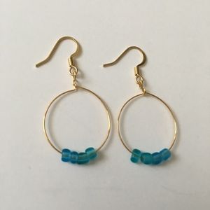 Blue Beads on Gold Hoop Earrings (#1735)